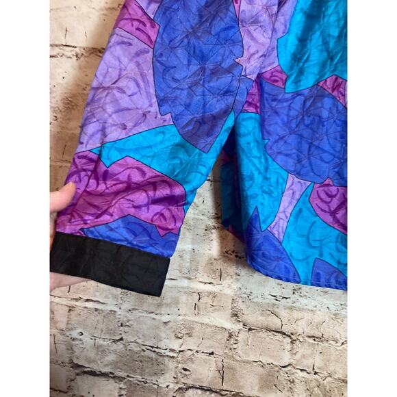 Vintage Bernini Top Womens 14 Cobalt & Purple Leaf Print Satin Button Front 80s - Picture 4 of 15